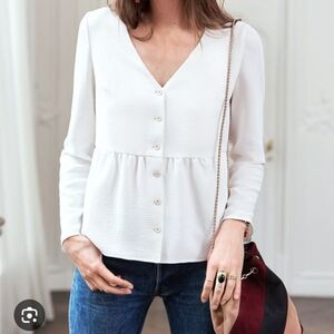 Sezane White Peplum Blouse with Notched Collar